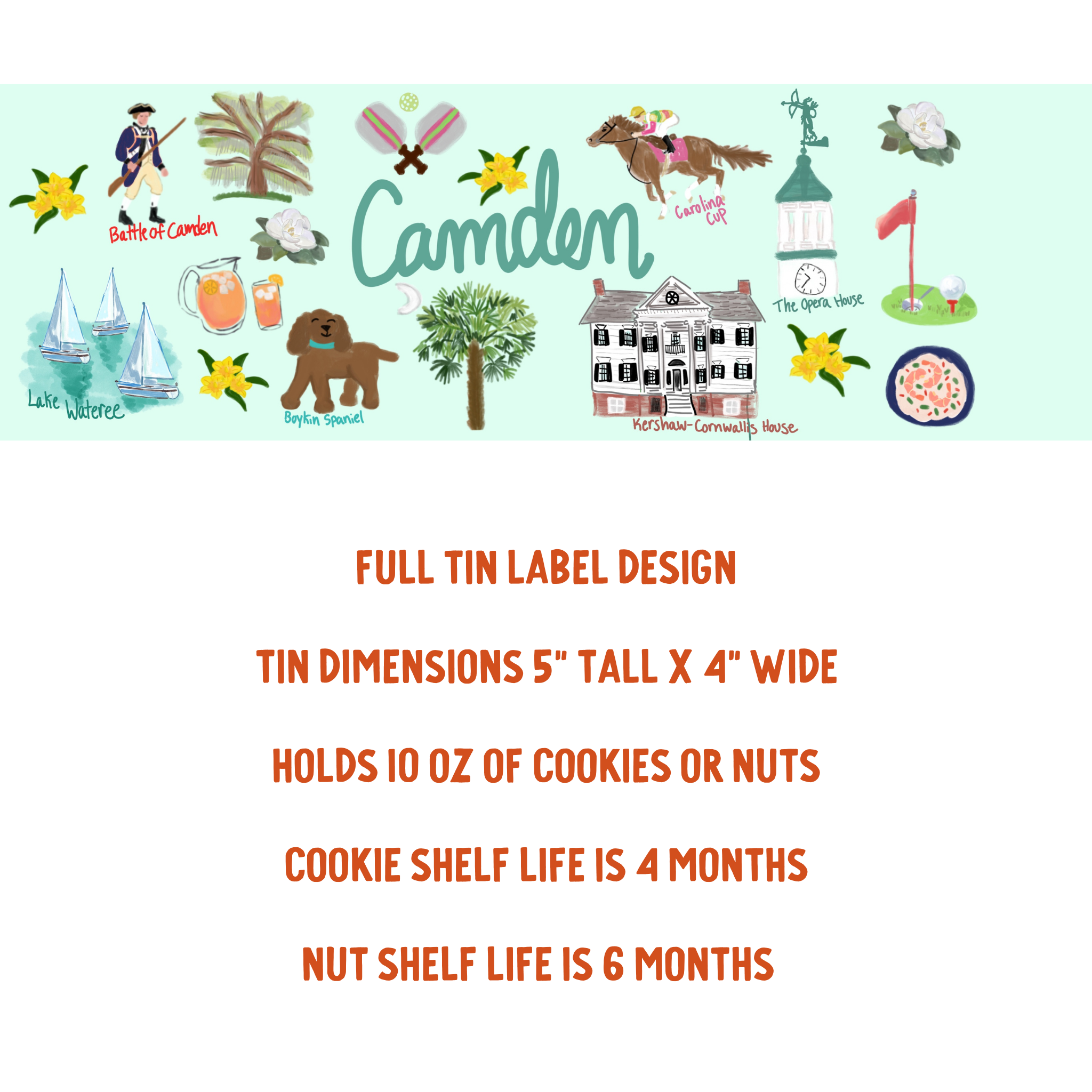 Product label design with 'Camden' branding and product details on a light blue background.