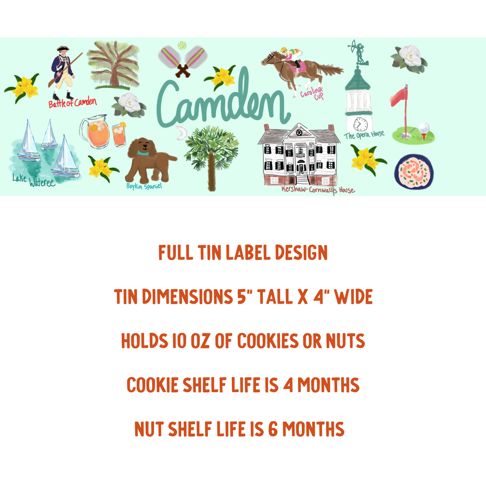 Product label design with 'Camden' branding and product details on a light blue background.