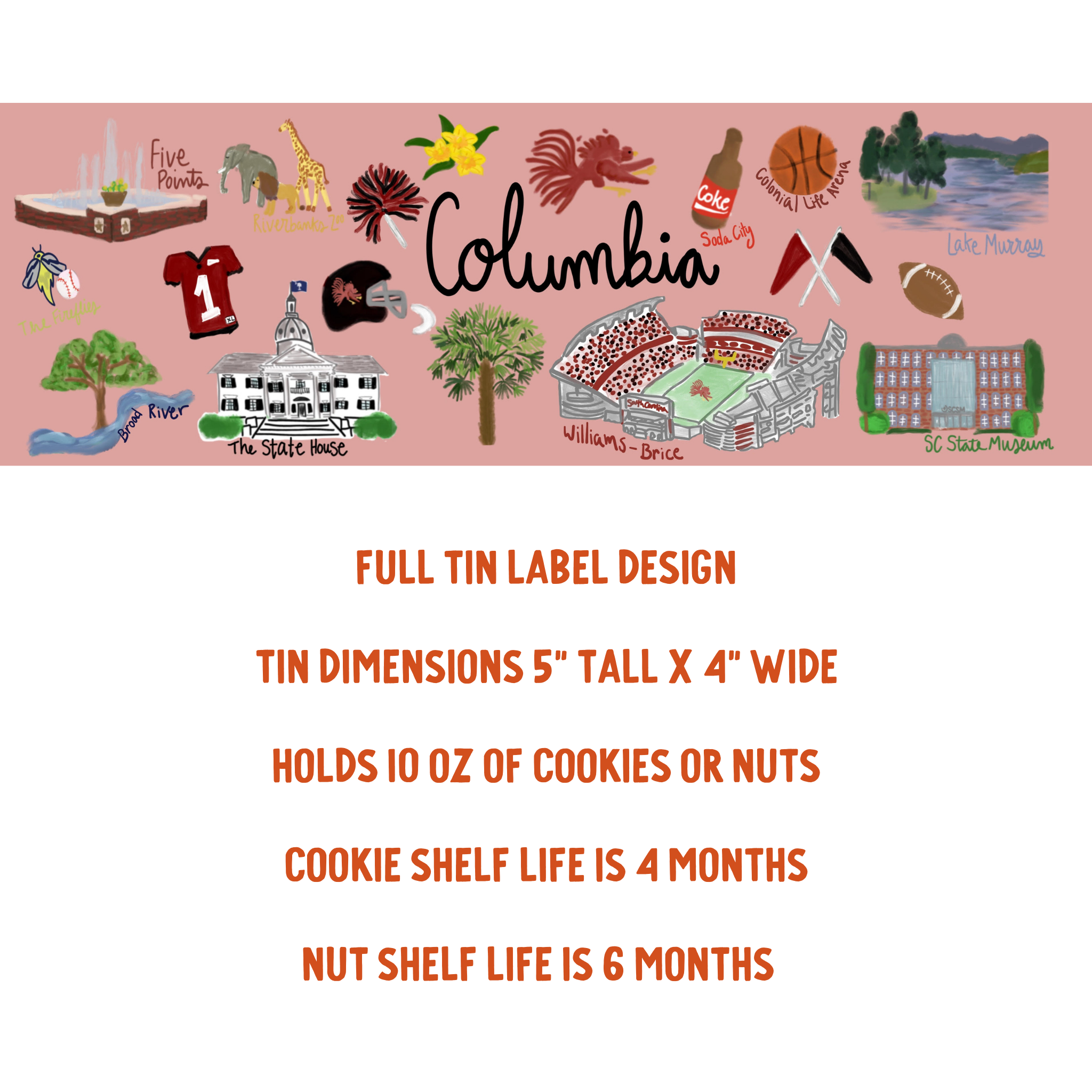 Columbia-themed cookie tin label with illustrations and text on a pink background