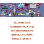 Boston-themed cookie tin label with illustrations and text on a blue background