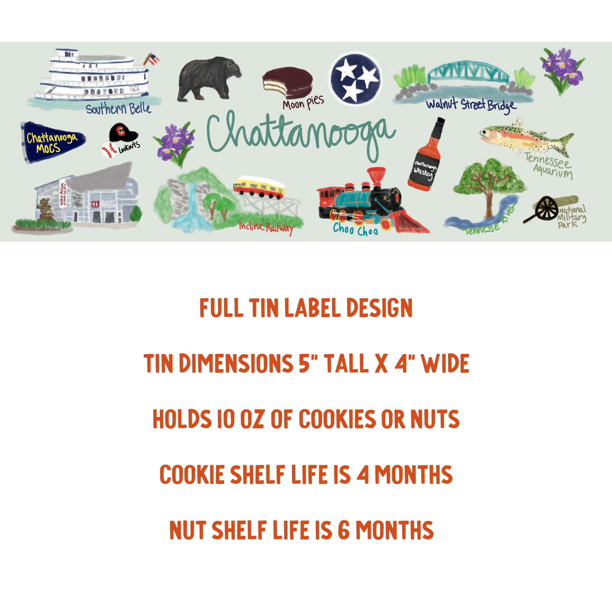 Illustrated tin label design for 'Chattanooga' with various symbols and text on a white background.