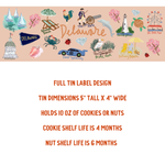 Delaware-themed tin label design with various icons and text on a peach background