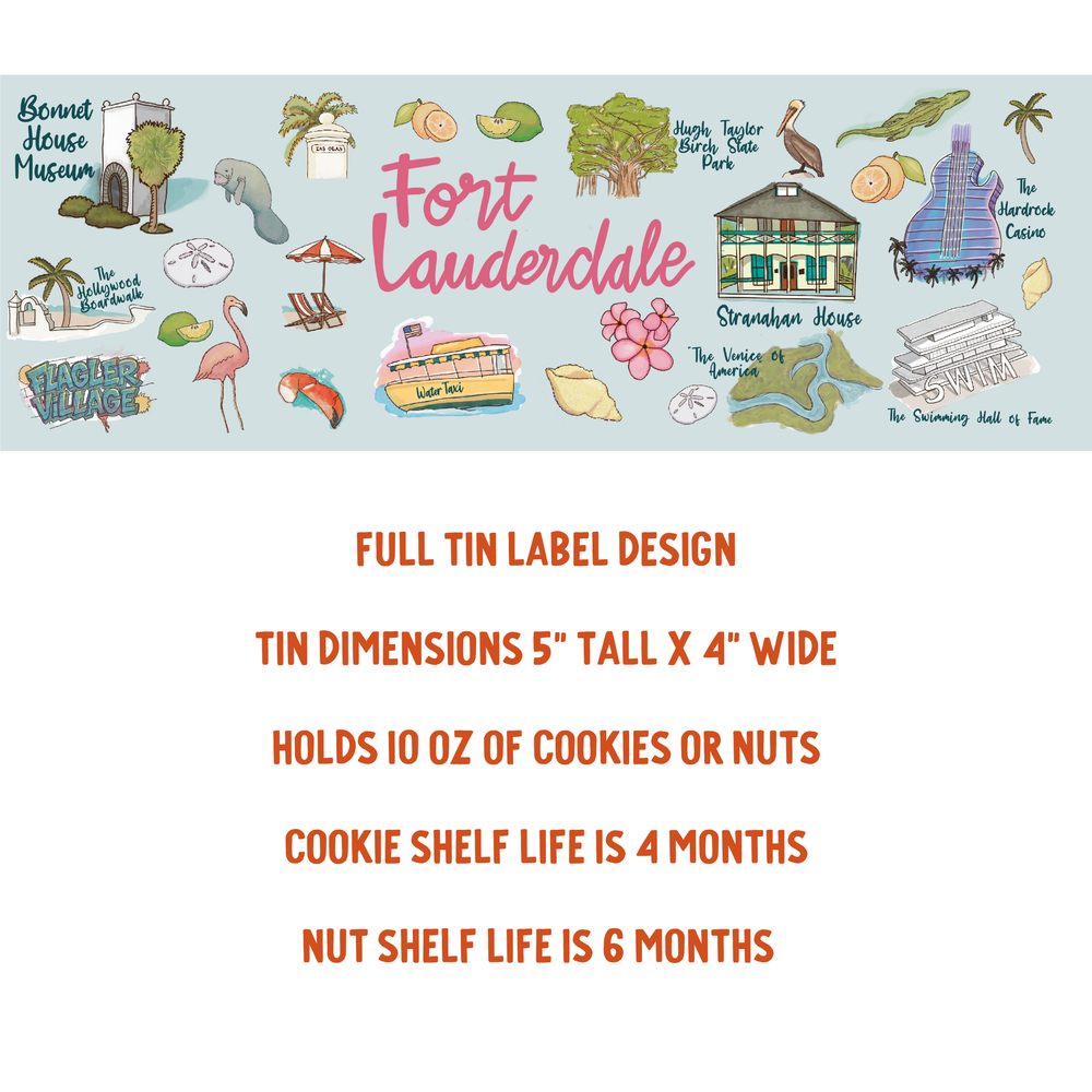 Full tin label design for Fort Lauderdale with icons and text on a light blue background