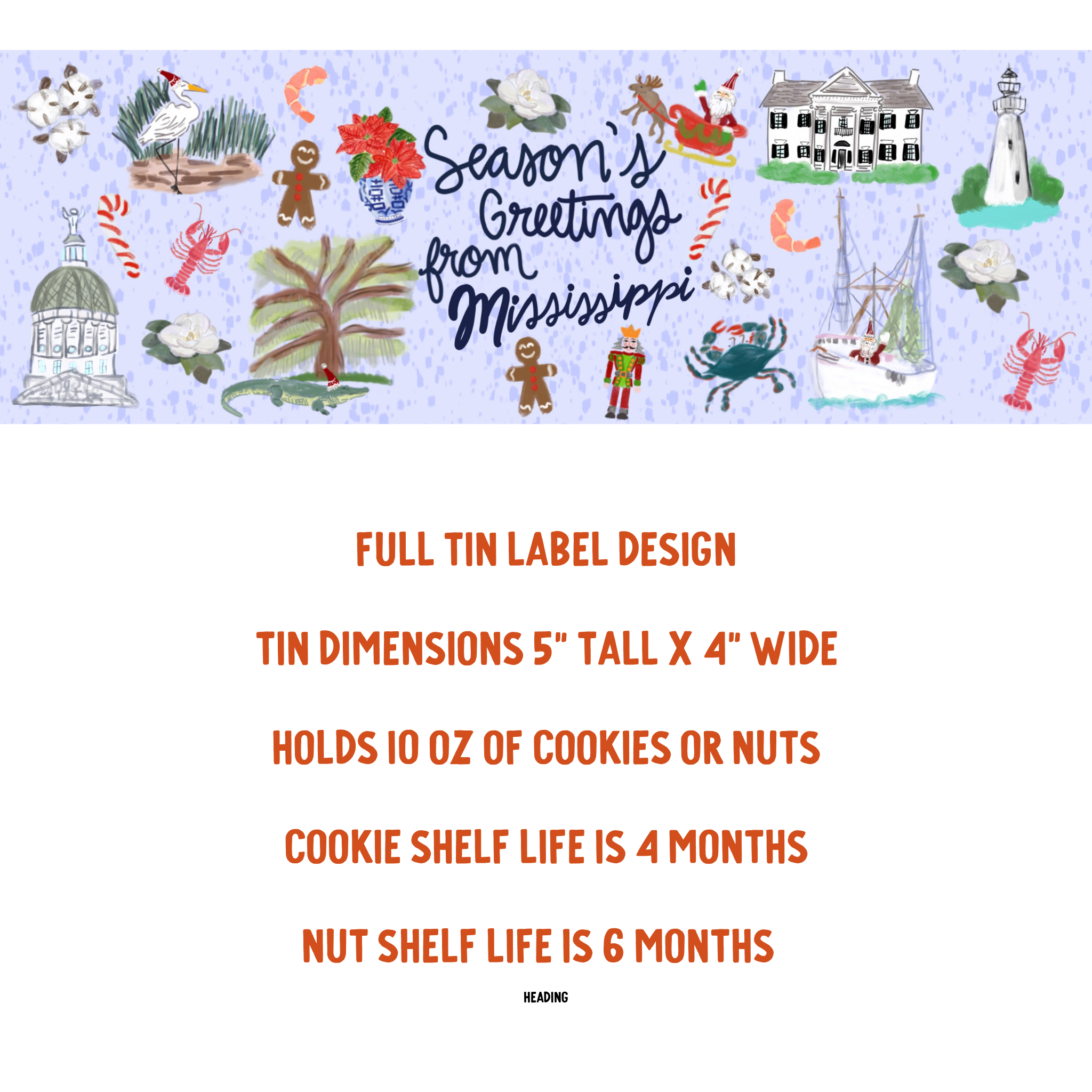 Decorative label with 'Season's Greetings from Mississippi' text and various illustrations on a white background.