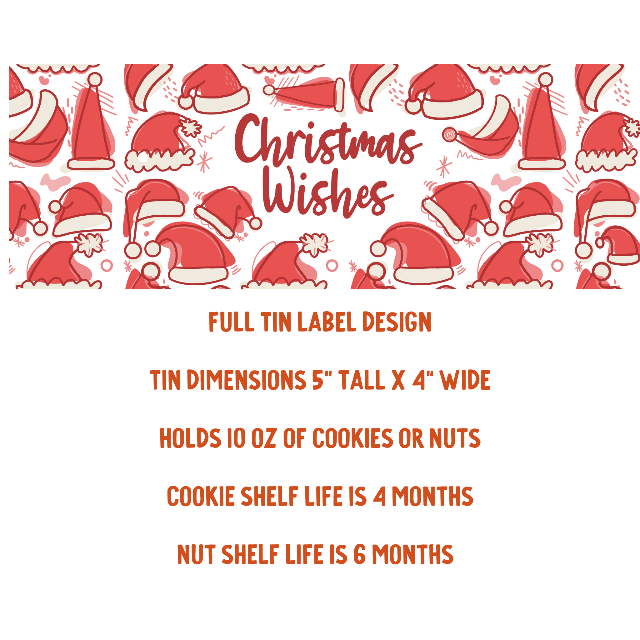 Christmas-themed tin label design with Santa hats and text on a white background