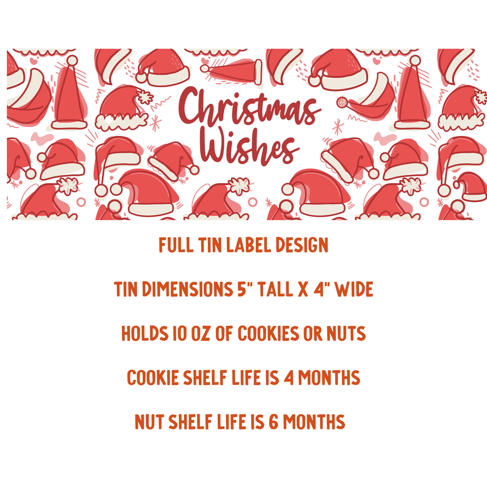 Christmas-themed tin label design with Santa hats and text on a white background
