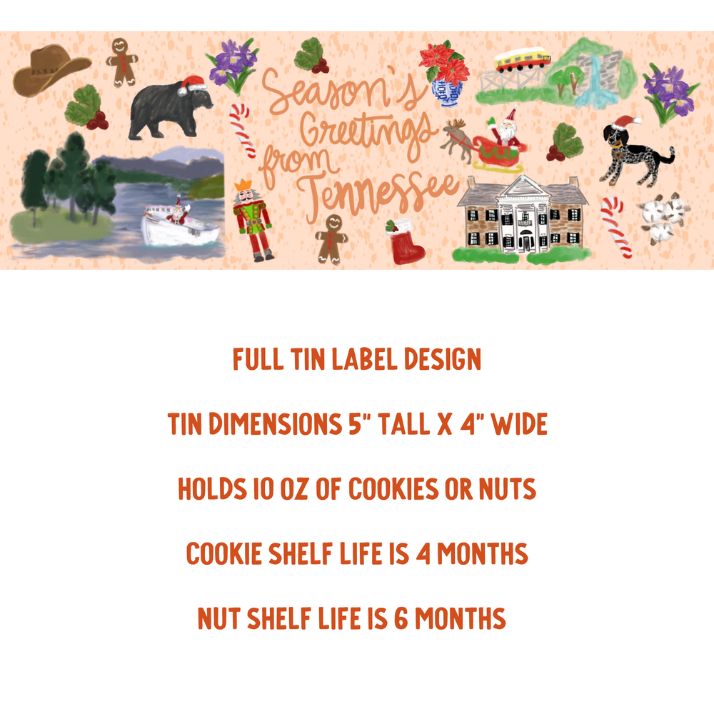 Decorative label with holiday-themed illustrations and text on a white background