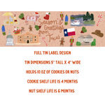 Decorative label for a cookie tin with Texas-themed illustrations and text.