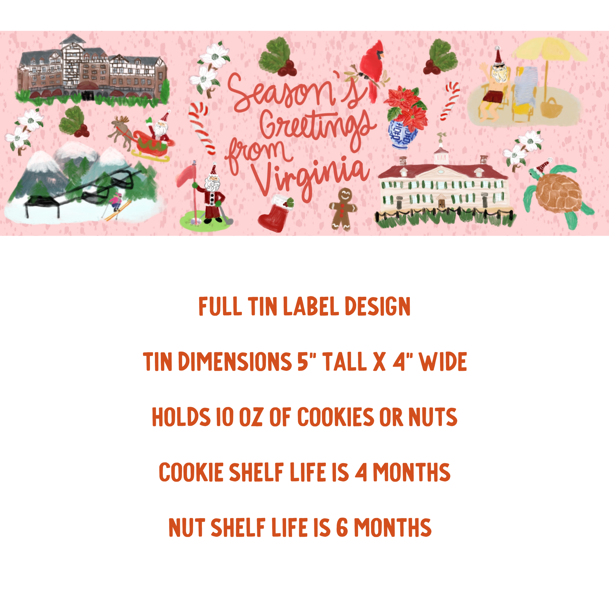 Decorative holiday label with illustrations and text on a pink background