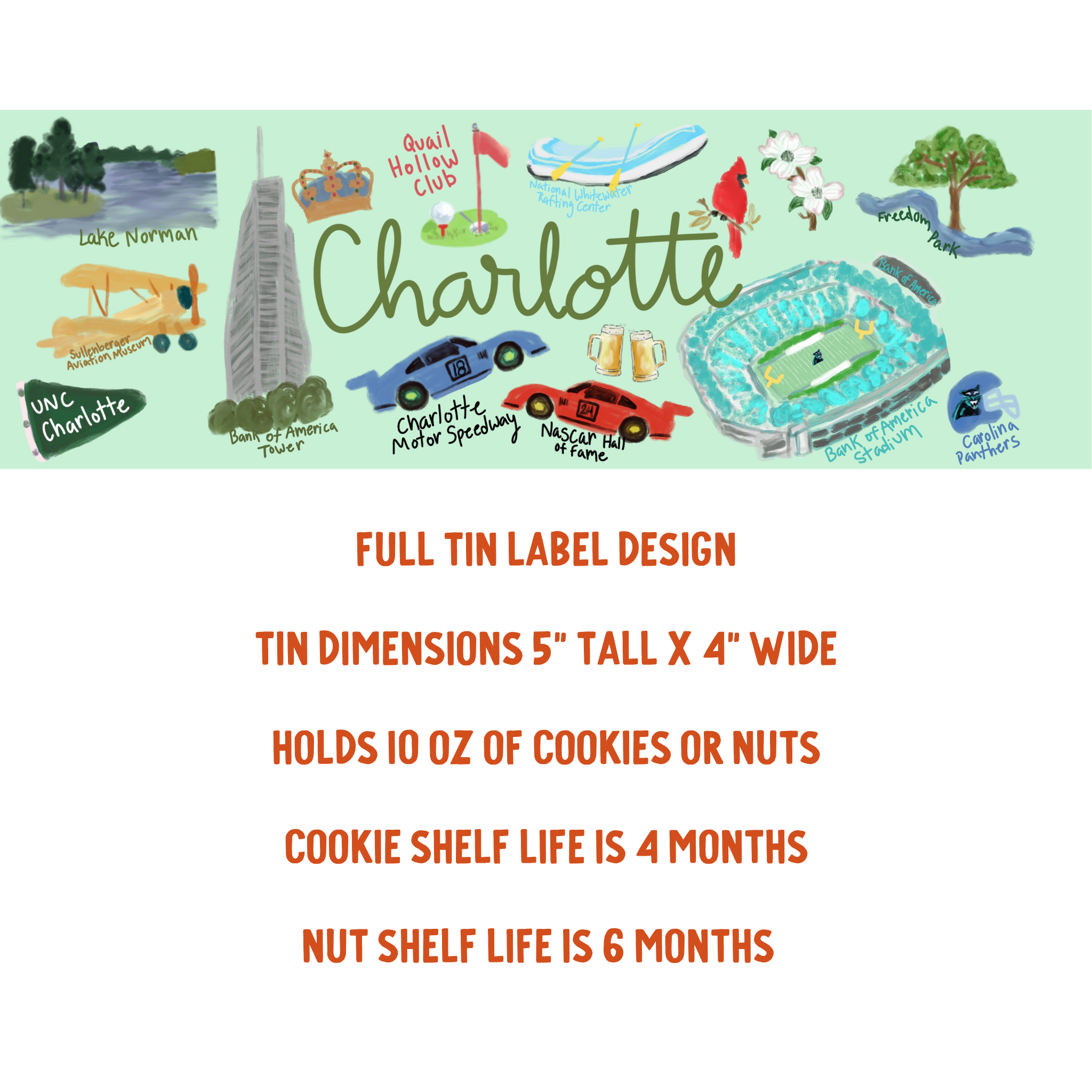 Illustrated tin label design for Charlotte with various landmarks and text.