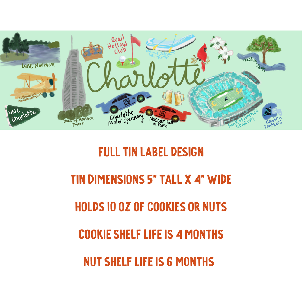 Illustrated tin label design for Charlotte with various landmarks and text.