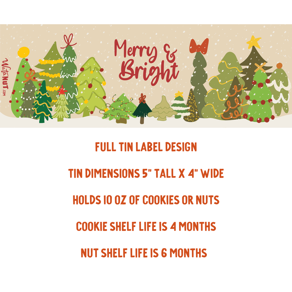 Christmas-themed label design with trees and 'Merry & Bright' text on a beige background.