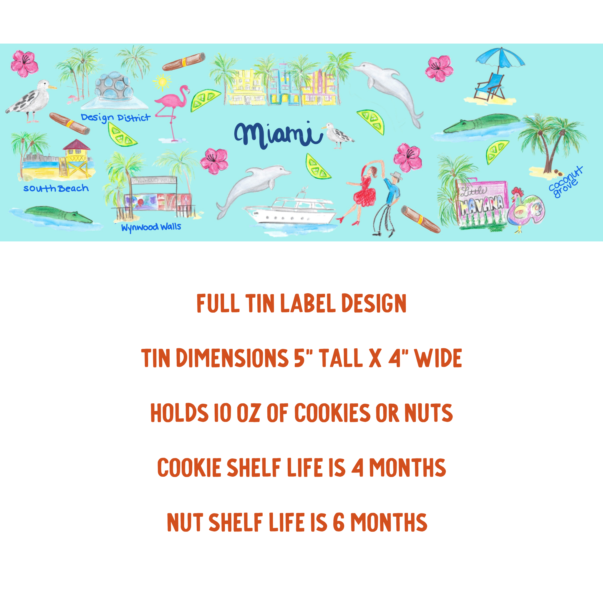 Miami-themed cookie tin label with illustrations and text on a light blue background