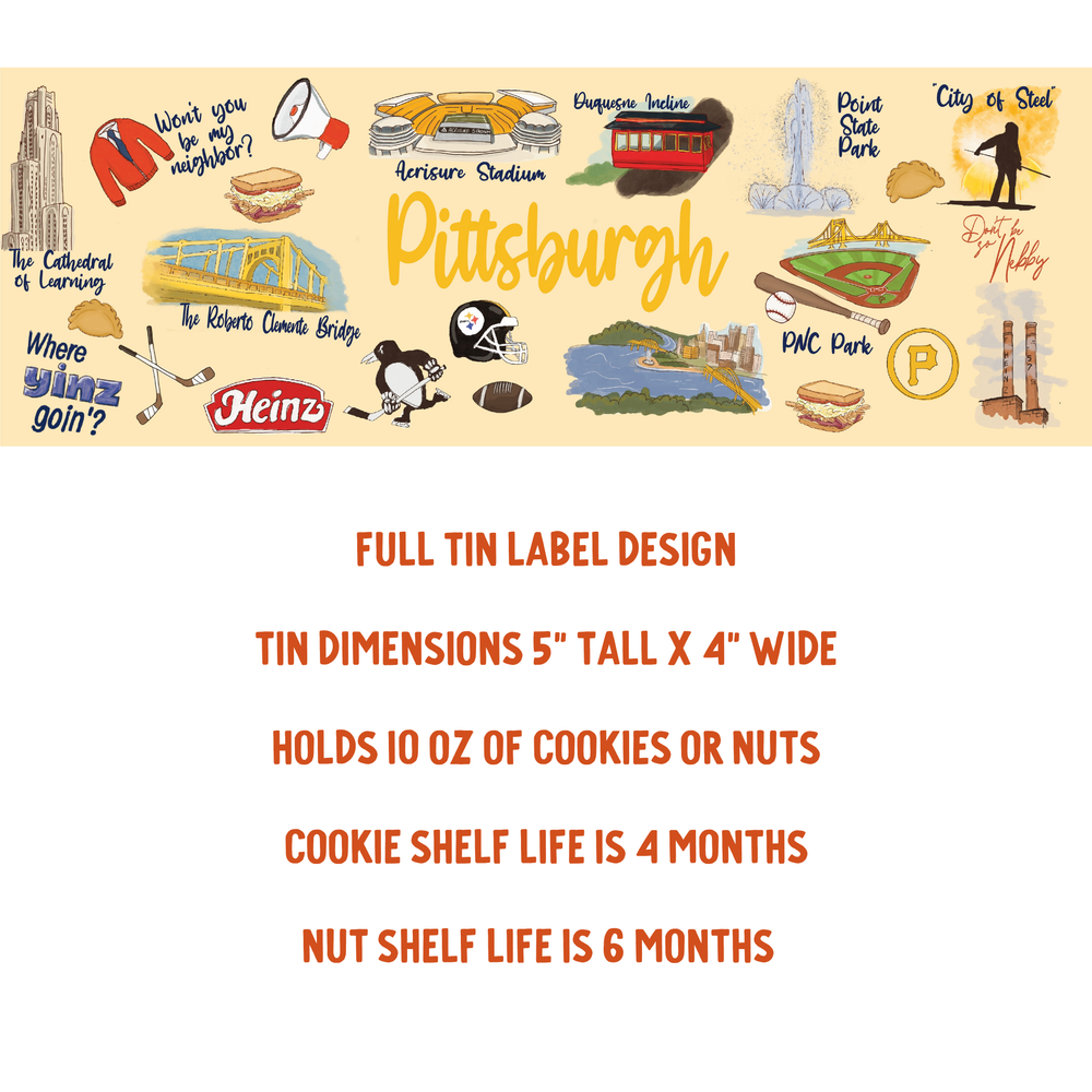 Pittsburgh-themed cookie tin label with various icons and text on a beige background
